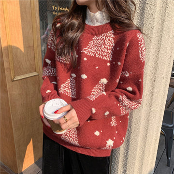 Red Christmas Tree Jacquard Warm Sweater