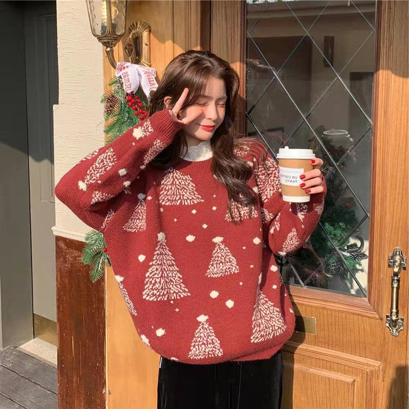 Red Christmas Tree Jacquard Warm Sweater