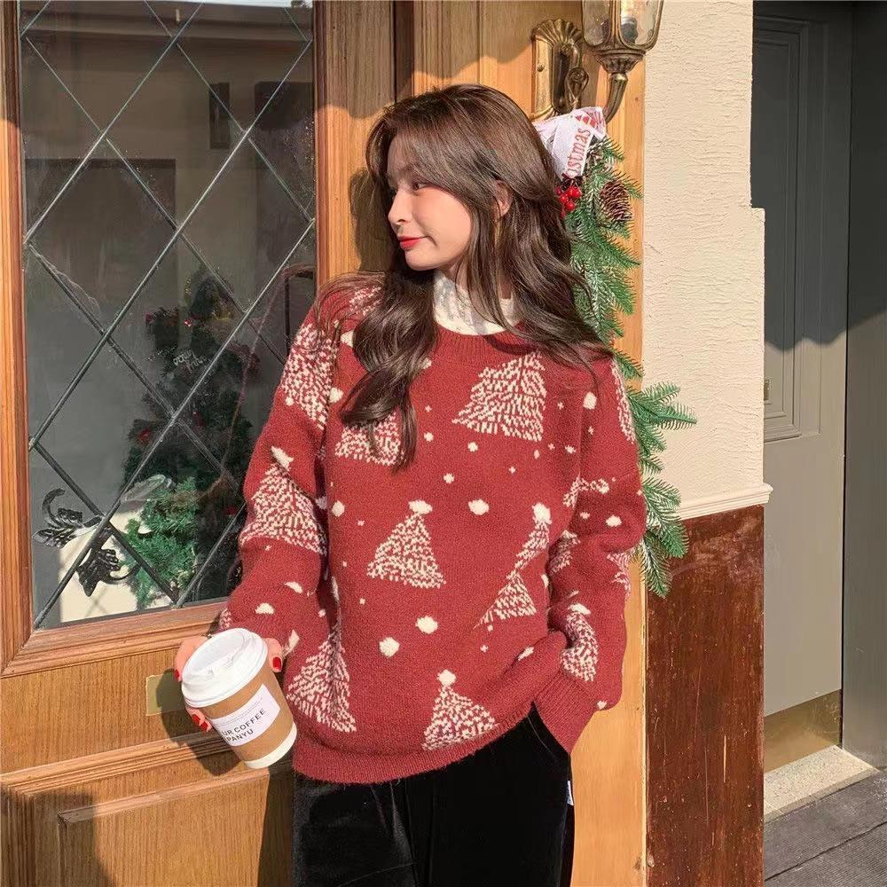 Red Christmas Tree Jacquard Warm Sweater