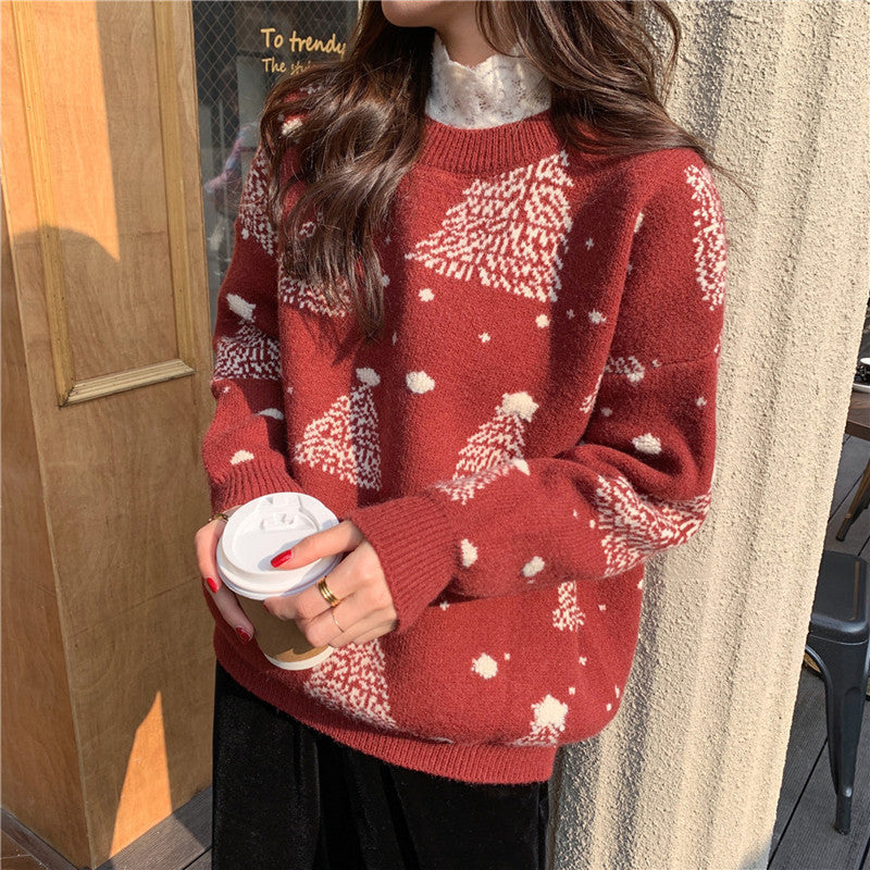 Red Christmas Tree Jacquard Warm Sweater