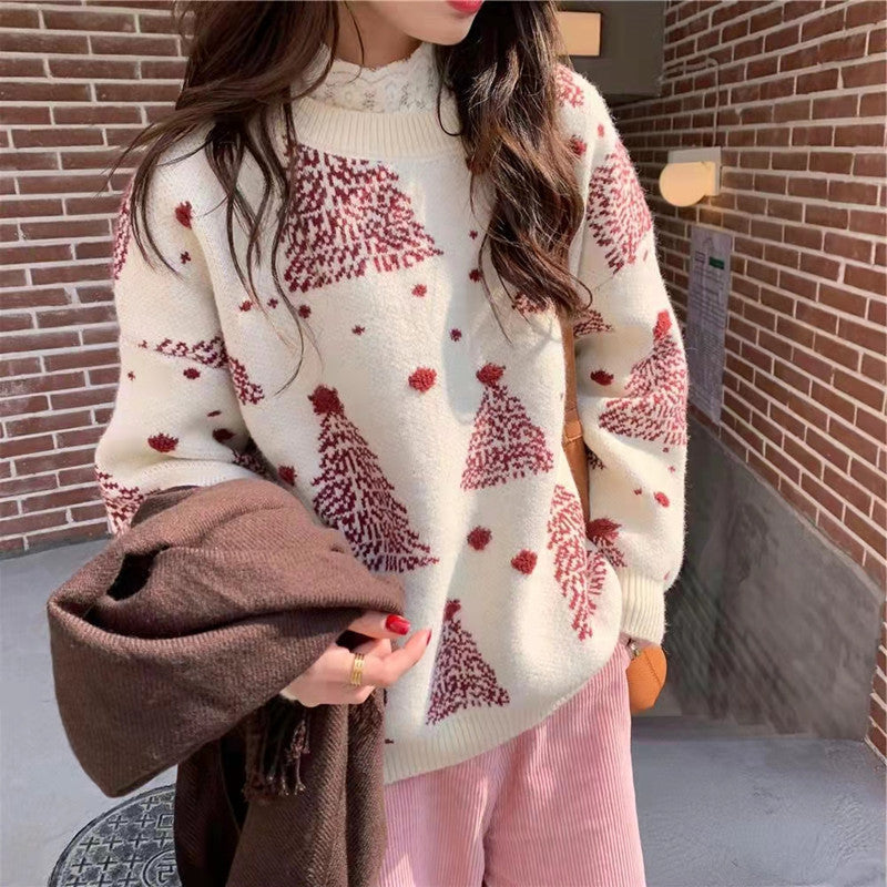 Red Christmas Tree Jacquard Warm Sweater