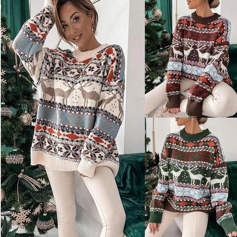 Round Neck Loose Christmas Theme Jacquard Long Sleeve Sweater